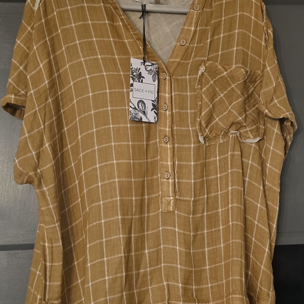 EASEL Mustard Plaid Button-up Top